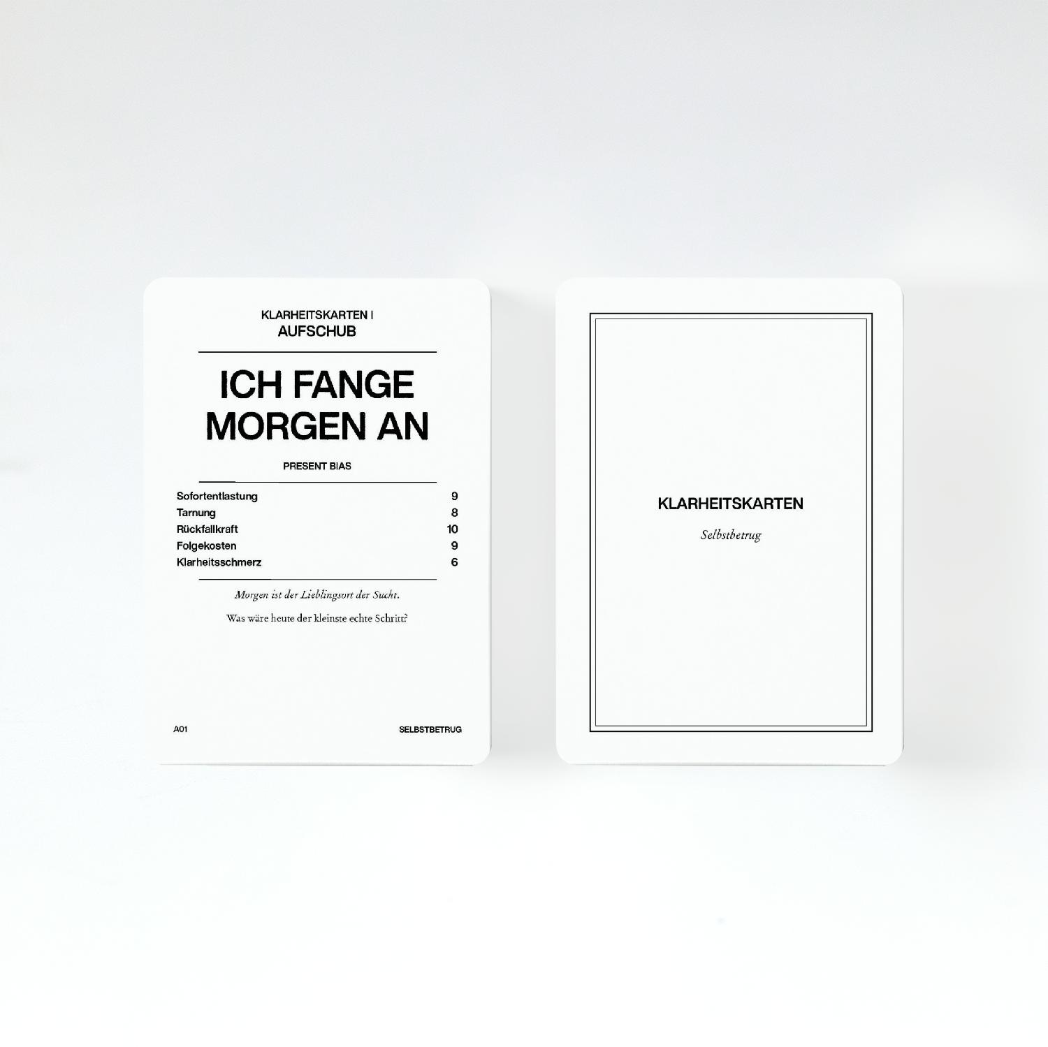 Klarheitskarten Vorderseite und Rückseite nebeneinander